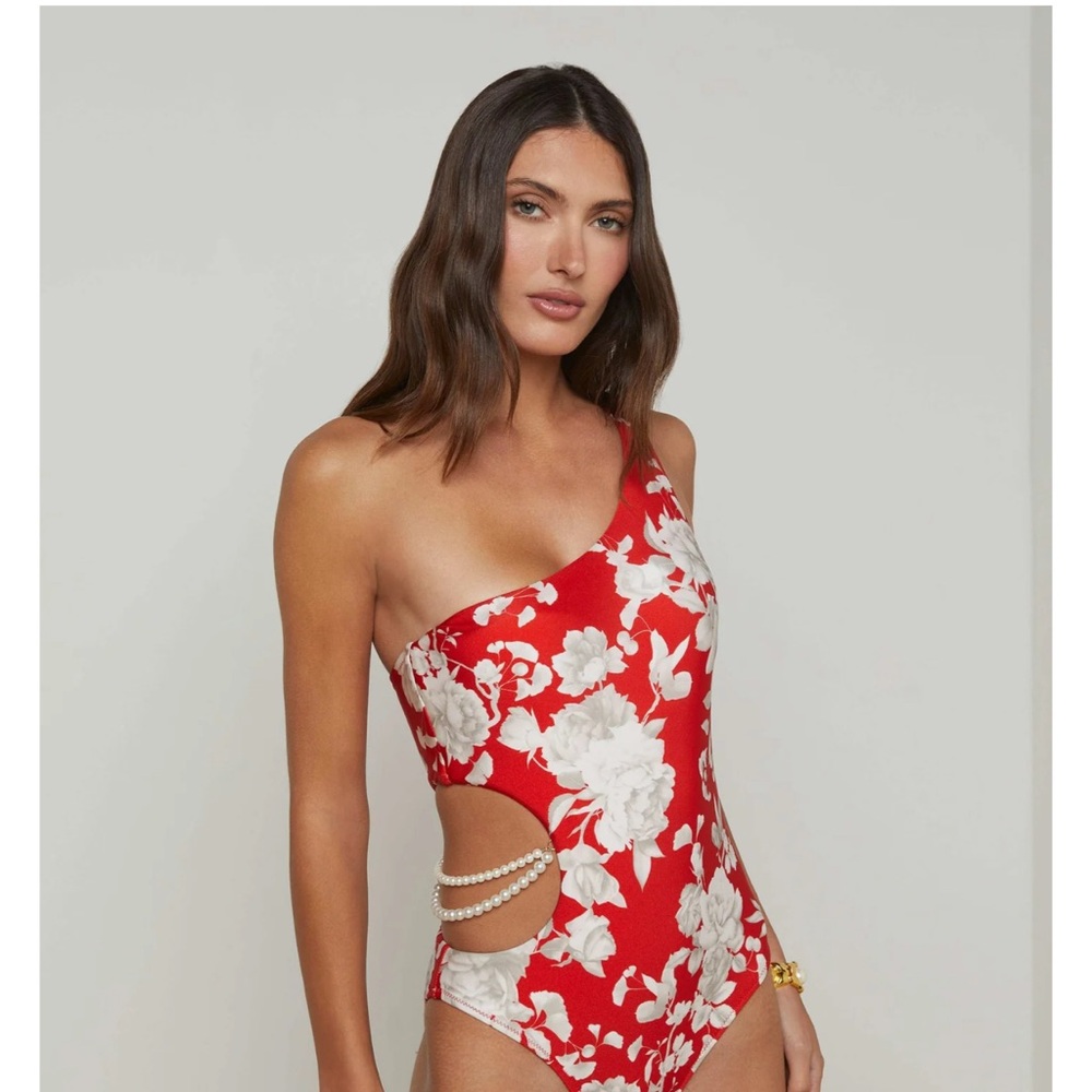 L'AGENCE Ava Cut-Out Pearl Red and White Floral One-Shoulder Swimsuit
